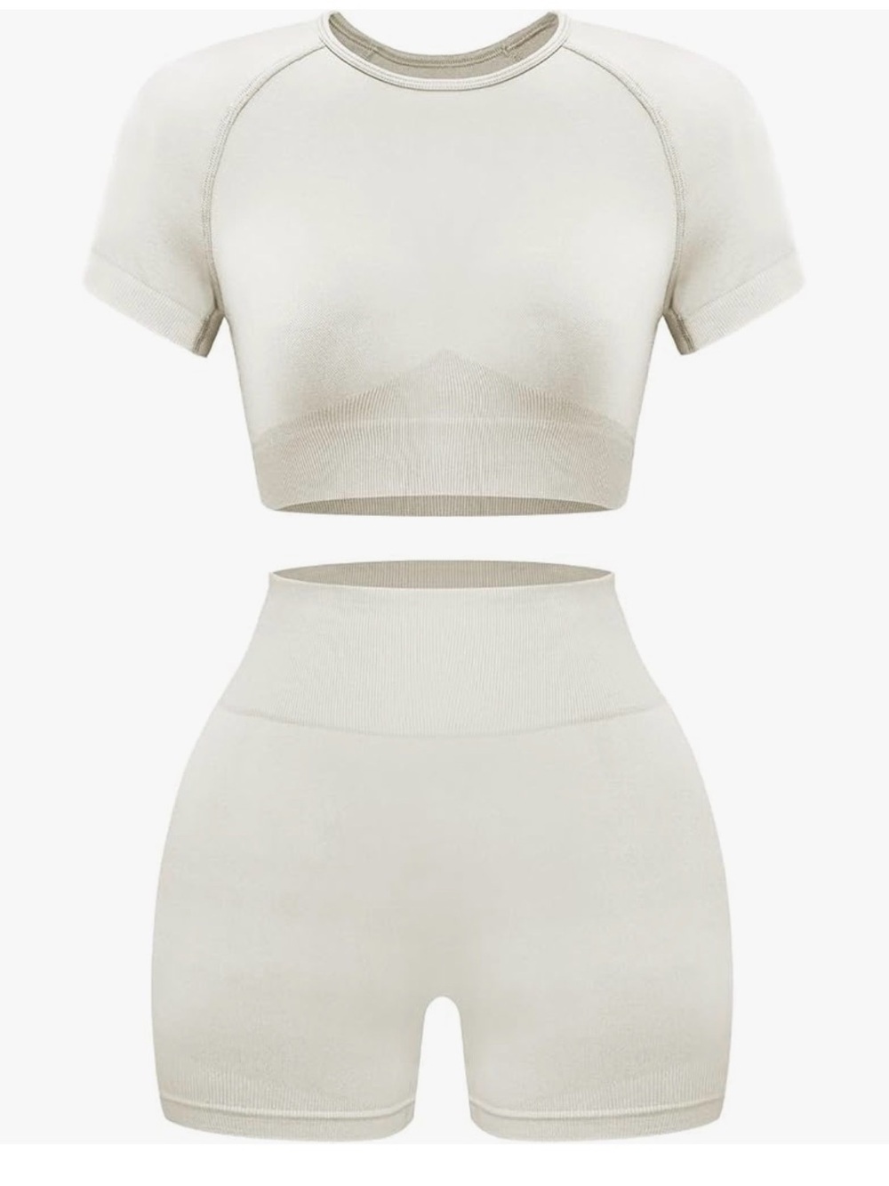 Seamless Short Sleeve Crop Top & High Waist Bike Shorts Set - Cream
